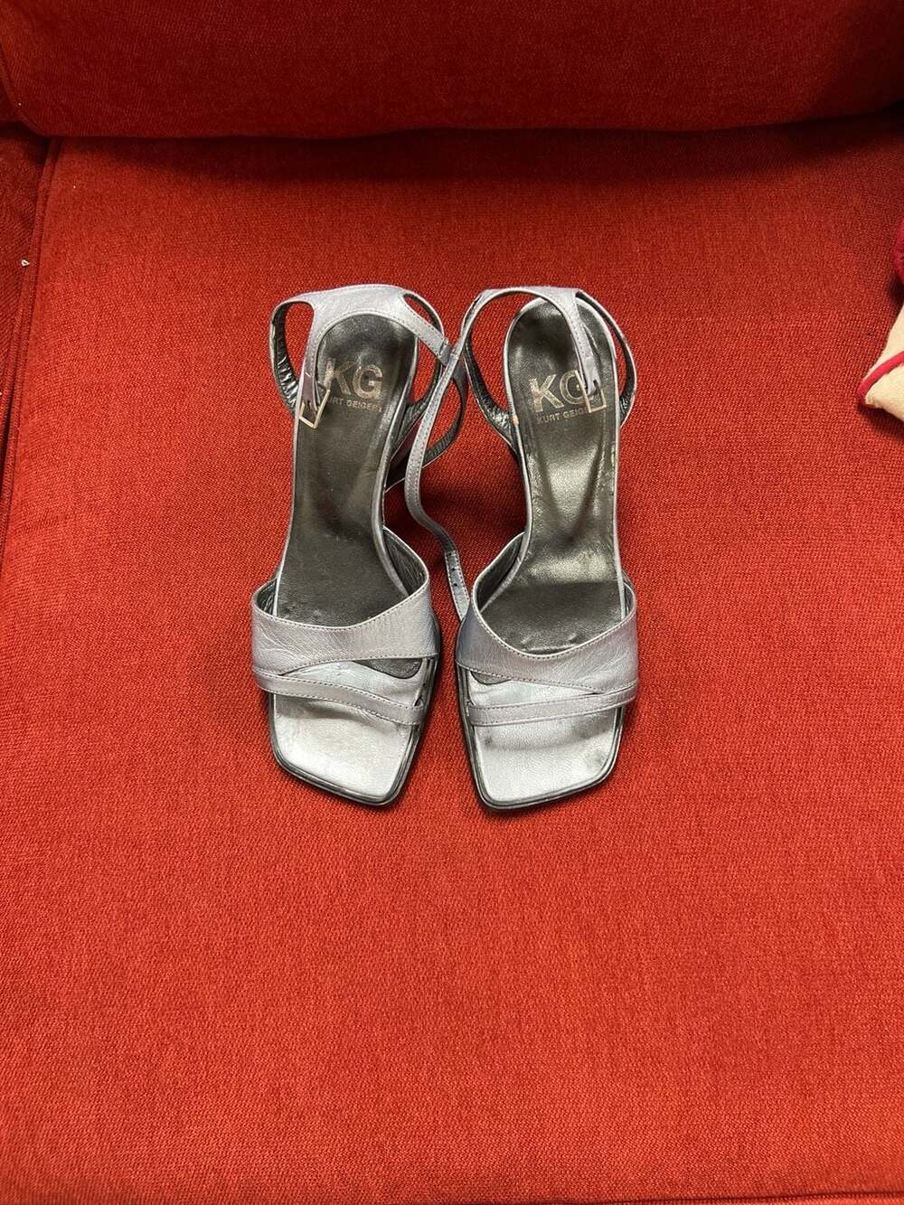 KG Kurt Geiger Silver Metallic Strappy Square Toe Heeled Sandals